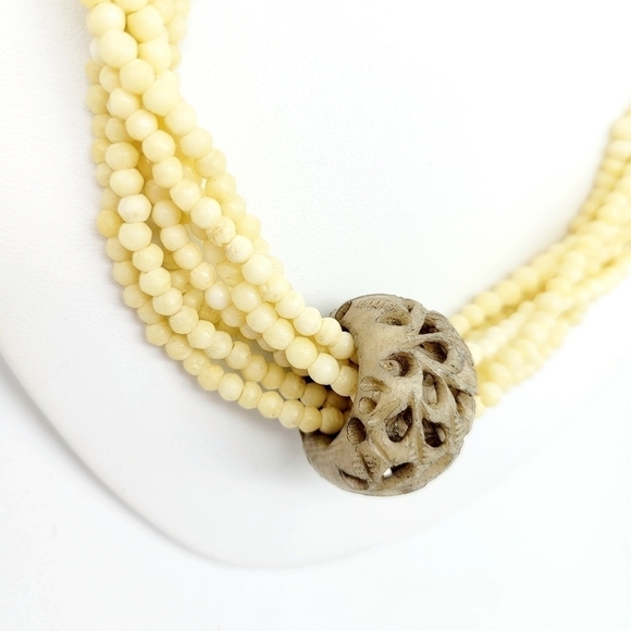 Vintage Beaded Bone Necklace Multi Strand Carved Focal Ethnic Tribal Bohemian - Picture 3 of 6